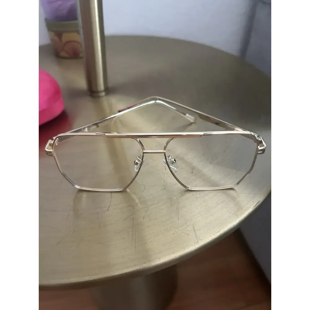 Gold Oversized Metal Frame Glases And Velvet Case Decorative Prescription